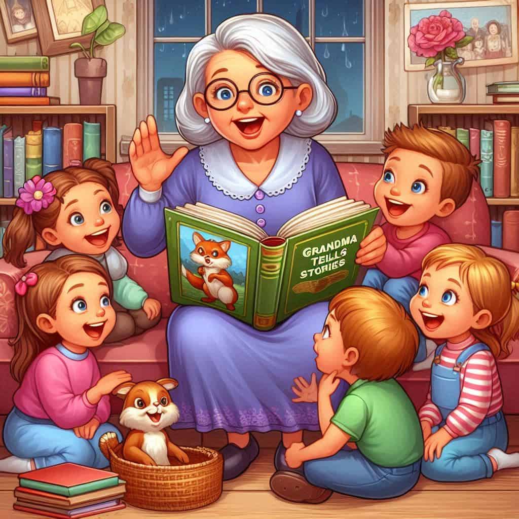Bunica spune povesti-5 Cuvinte cheie: povești pentru bunici, jocuri și jucării, bibliotecă, povești de noapte bună, familie, iubire, copii fericiți, jucării cu animale de pluș, citit și învățare, relaxare în familie.