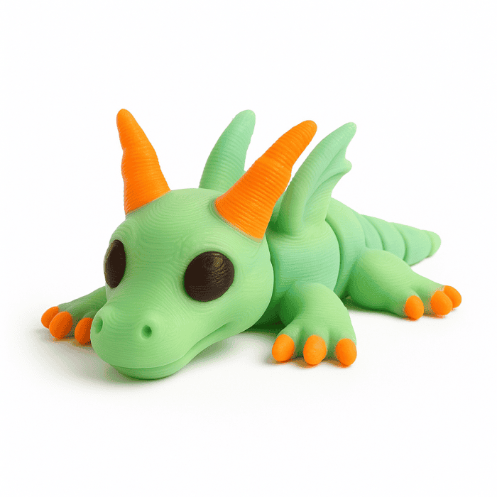 Jucărie de pluș cu un dragon verde, cu coarne portocalii și detalii drăguțe de joacă.