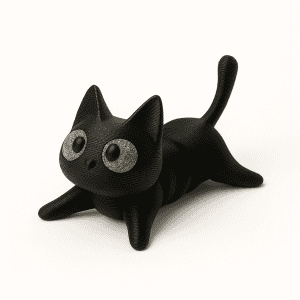 Pisicuță neagră printată 3D – jucărie decorativă cu ochi strălucitori, design antistres, miniatură amuzantă, 8 cm-1 Statuetă de jucărie pisică neagră, decor distractiv pentru copii.