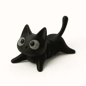 Pisicuță neagră printată 3D – jucărie decorativă cu ochi strălucitori, design antistres, miniatură amuzantă, 8 cm-1 Statuetă de jucărie pisică neagră, decor distractiv pentru copii.