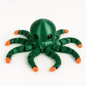Caracatiță Articulată 3D – Jucărie Antistres Flexibilă, 8 cm, Verde cu Portocaliu Jucărie octopus din silicon pentru joacă și decor, ideală pentru copii și colecționari.