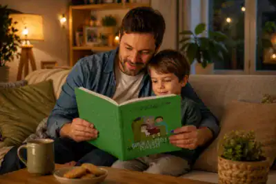 Tată și fiu citind o poveste seara, în living, acasă, în familie.